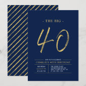 ビッグ40 | ゴールド&ネイビーブルー 40歳の誕生日パーティー 招待状 (正面/裏面)