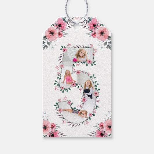 ビッグ5誕生日ガールフォトコラージピンクフラワー ギフトタグ (正面)