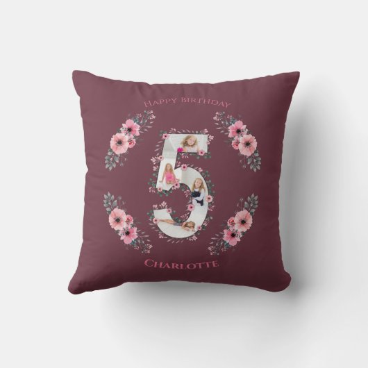 ビッグ5誕生日ガールフォトコラージピンクフラワー クッション (裏面)