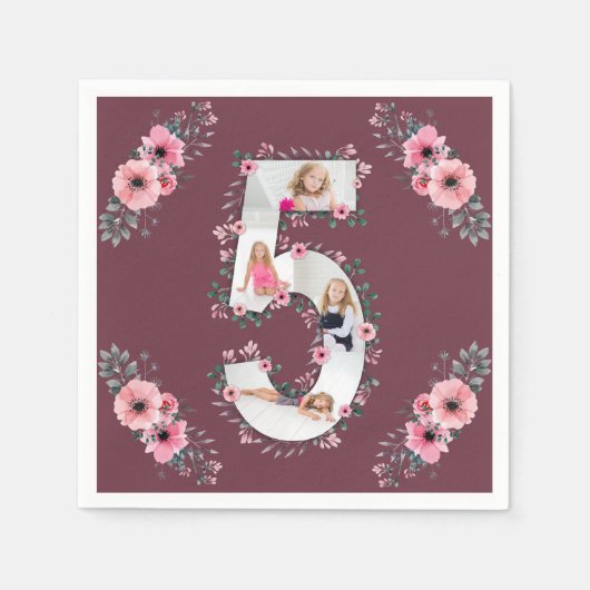 ビッグ5誕生日ガールフォトコラージピンクフラワー スタンダードカクテルナプキン (正面)