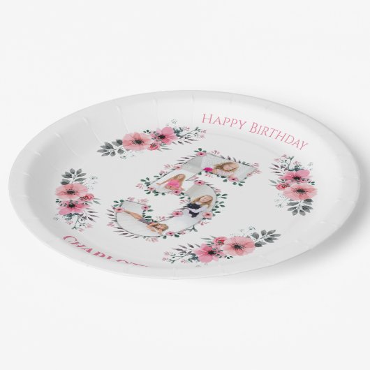 ビッグ5誕生日ガールフォトコラージピンクフラワー ペーパープレート (アングル)