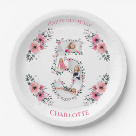 ビッグ5誕生日ガールフォトコラージピンクフラワー ペーパープレート