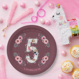 ビッグ5誕生日ガールフォトコラージピンクフラワー ペーパープレート