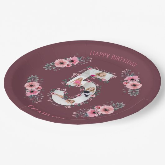 ビッグ5誕生日ガールフォトコラージピンクフラワー ペーパープレート (アングル)