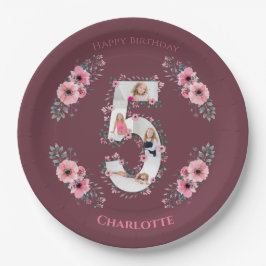 ビッグ5誕生日ガールフォトコラージピンクフラワー ペーパープレート