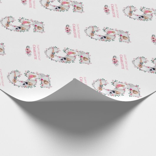 ビッグ5誕生日ガールフォトコラージピンクフラワー ラッピングペーパー (角)