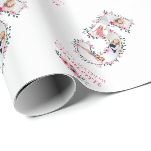ビッグ5誕生日ガールフォトコラージピンクフラワー ラッピングペーパー (ロールコーナー)