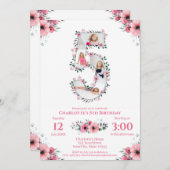 ビッグ5誕生日ガールフォトコラージピンクフラワー 招待状 (正面/裏面)