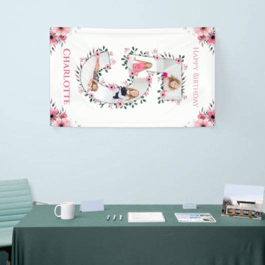 ビッグ5誕生日ガールフォトコラージピンクフラワー 横断幕 (トレードショー)