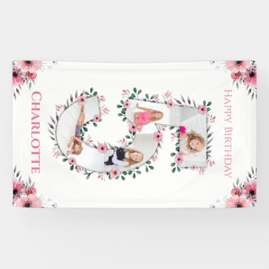 ビッグ5誕生日ガールフォトコラージピンクフラワー 横断幕 (横)