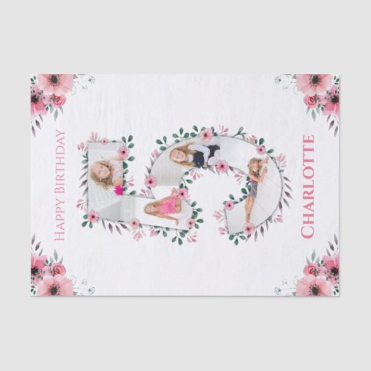 ビッグ5誕生日ガールフォトコラージピンクフラワー 薄葉紙 (正面)