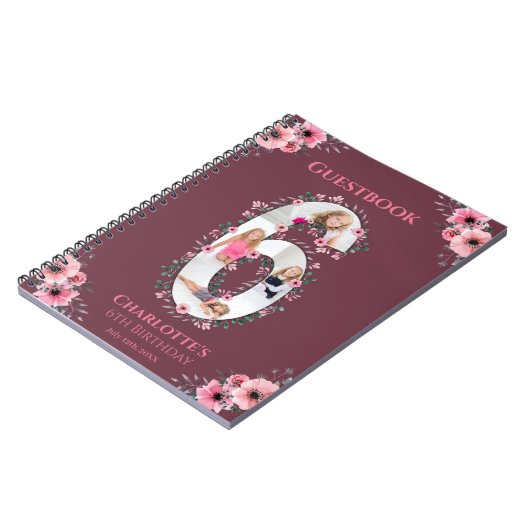 ビッグ6誕生日ガールフォトピンクフラワーゲストブック ノートブック (左側)