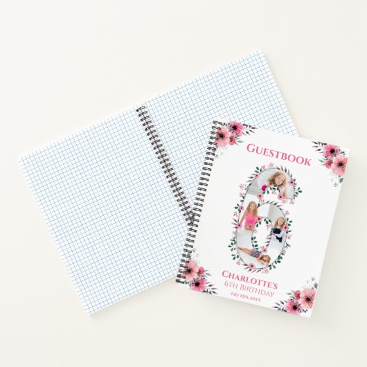 ビッグ6誕生日ガールフォトピンクフラワーゲストブック ノートブック (内部)