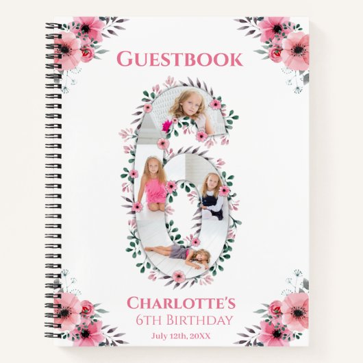 ビッグ6誕生日ガールフォトピンクフラワーゲストブック ノートブック (正面)