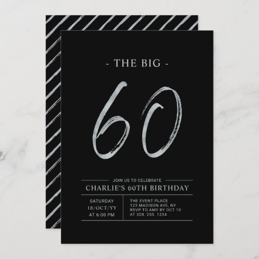 ビッグ60 |シルバー&ブラック60thバースデーパーティー 招待状 (正面/裏面)