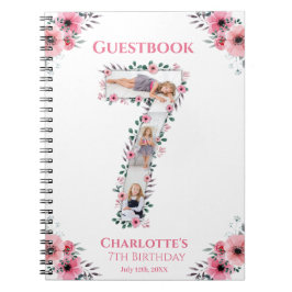 ビッグ7誕生日ガールフォトピンクフラワーゲストブック ノートブック
