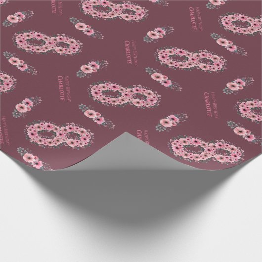 ビッグ8人目ガールピンク花緑の葉誕生日 ラッピングペーパー (角)
