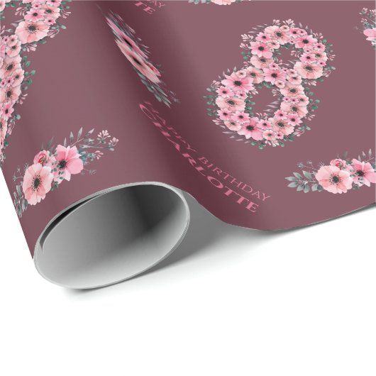 ビッグ8人目ガールピンク花緑の葉誕生日 ラッピングペーパー (ロールコーナー)