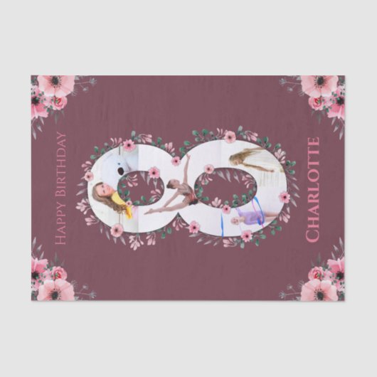 ビッグ8誕生日ガールフォトコラージピンクフラワーティ 薄葉紙 (正面)