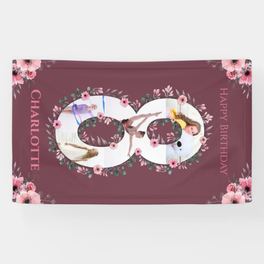 ビッグ8誕生日ガールフォトコラージピンクフラワーバ 横断幕 (横)