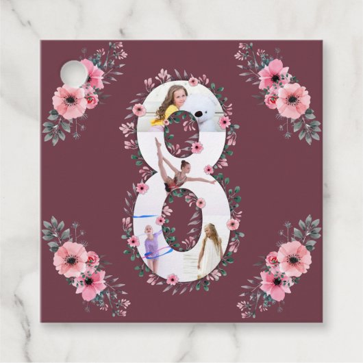 ビッグ8誕生日ガールフォトコラージピンクフラワーFa フェイバータグ (正面)