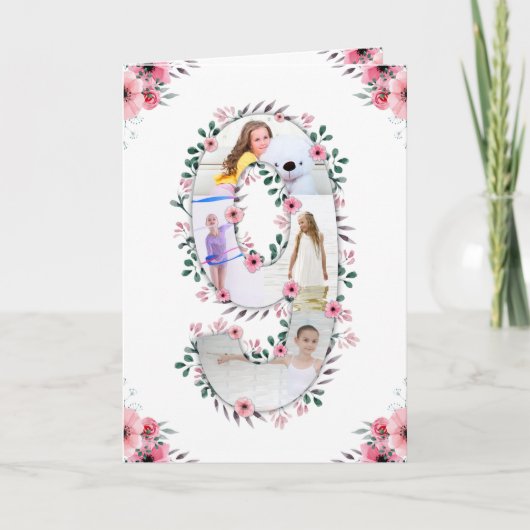 ビッグ9誕生日ガールフォトコラージピンクフラワー カード (正面)