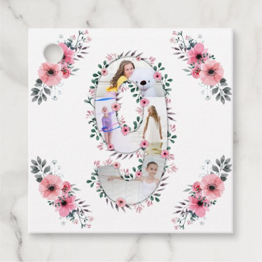 ビッグ9誕生日ガールフォトコラージピンクフラワー フェイバータグ (正面)