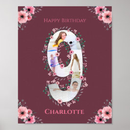 ビッグ9誕生日ガールフォトコラージピンクフラワー ポスター