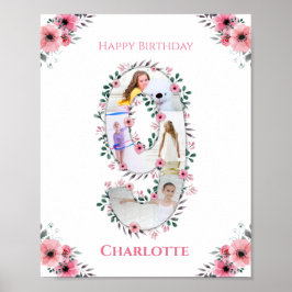 ビッグ9誕生日ガールフォトコラージピンクフラワー ポスター