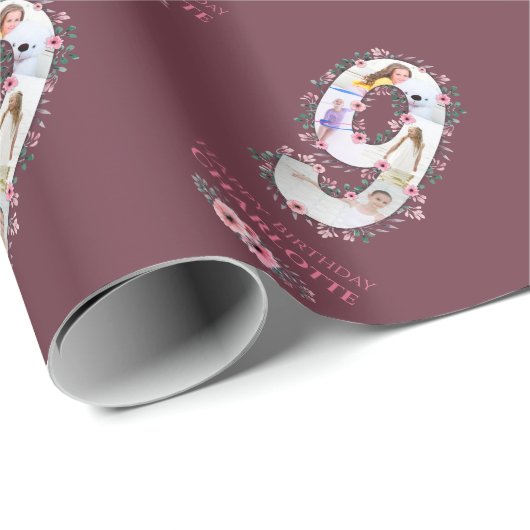 ビッグ9誕生日ガールフォトコラージピンクフラワー ラッピングペーパー (ロールコーナー)