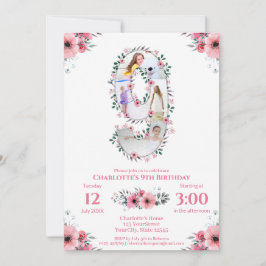 ビッグ9誕生日ガールフォトコラージピンクフラワー 招待状