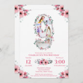 ビッグ9誕生日ガールフォトコラージピンクフラワー 招待状 (正面/裏面)