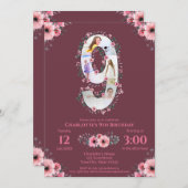 ビッグ9誕生日ガールフォトコラージピンクフラワー 招待状 (正面/裏面)