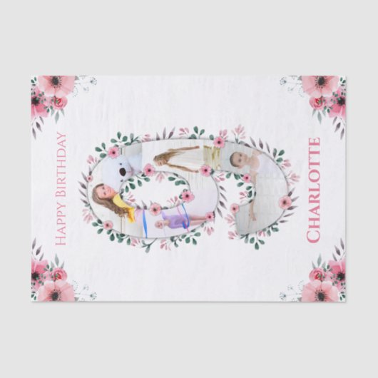 ビッグ9誕生日ガールフォトコラージピンクフラワー 薄葉紙 (正面)