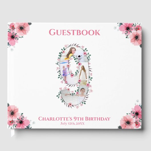 ビッグ9誕生日フォトコラージフラワーガールホワイト ゲストブック (正面)