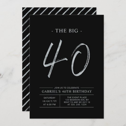 ビッグ・フォーティ |シルバー&ブラック40th誕生日パーティー 招待状 (正面/裏面)