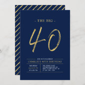 ビッグ・フォーティ |金ゴールド&ネイビーブルー40th誕生日パーティー 招待状 (正面/裏面)