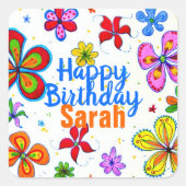 ビッグ・フラワーズハッピーバースデー名 スクエアシール (正面)