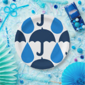 ビッグ・ブルーの雨粒と傘 ペーパープレート (パーティー)