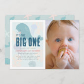 ビッグ・ワン・ブルー・クジラの誕生日の写真 招待状 (正面/裏面)