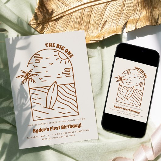 ビッグ・ワン | 男の子の初めてのサーフビーチ誕生日 招待状
