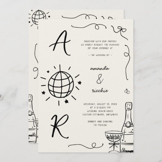 ビッグDiscoモノグラムフランスのおもしろいハンドドロー結婚ズ 招待状 (正面/裏面)