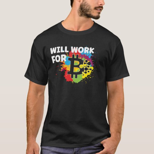 ビットコインのために働きます レトロな色飛沫 BTC Tシャツ (正面)