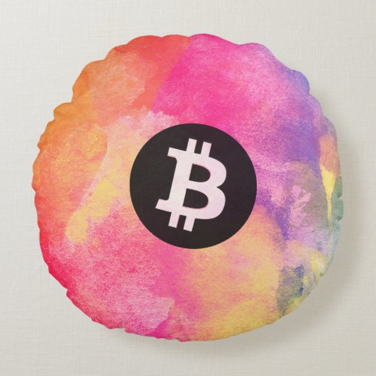 ビットコインの水彩画 (スタイル1 - ジェネシス) ラウンドクッション (正面)