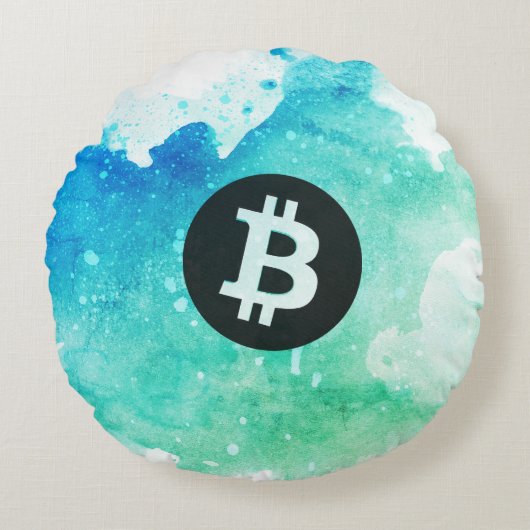 ビットコインの水彩画(スタイル5 - 波乗り) ラウンドクッション (正面)