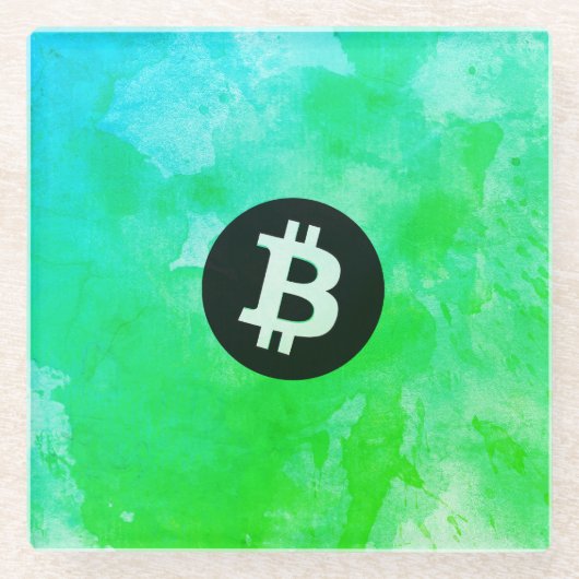 ビットコインの水彩画 (スタイル $ - Green Day) ガラスコースター (正面)