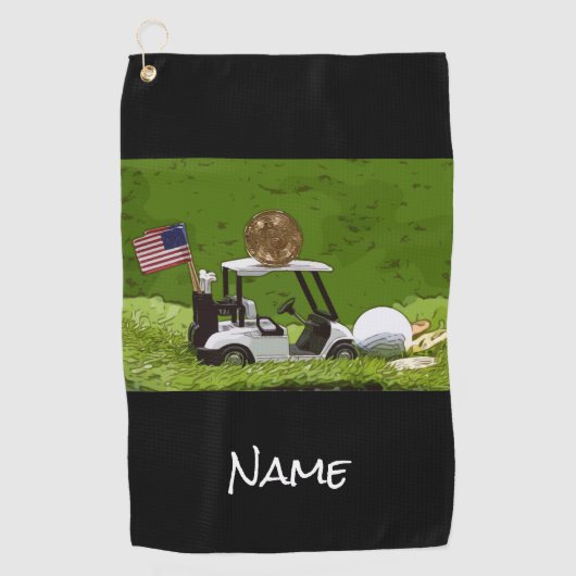 ビットコインはFlag of Americaを持つゴルフカートに載っている  ゴルフタオル (正面)