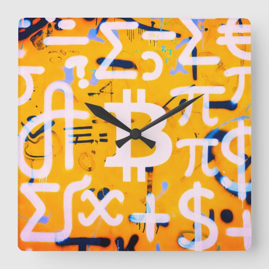 ビットコインストリートアート(オレンジの絵画その4) スクエア壁時計 (正面)