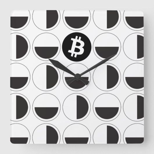 ビットコインデザイナーブラック&ホワイト スクエア壁時計 (正面)