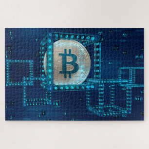 ビットコイン暗号通貨ブロックチェーンブルーシルバー ジグソーパズル